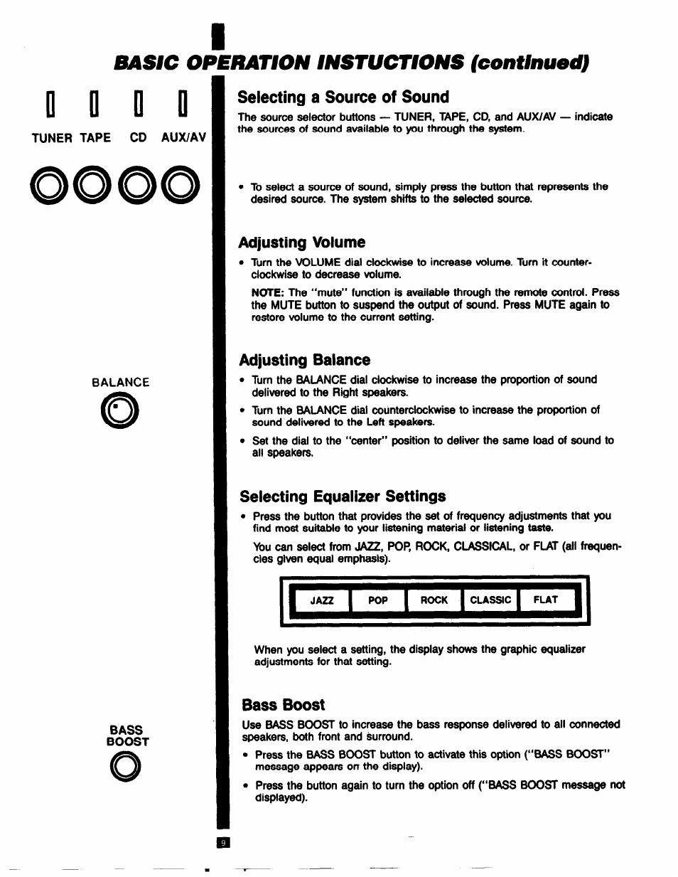 Adjusting volume, Adjusting balance, Selecting equalizer settings | Bass boost, Settings, Basic operation instuctioms feonunued) | RCA RP-9753 User Manual | Page 9 / 32