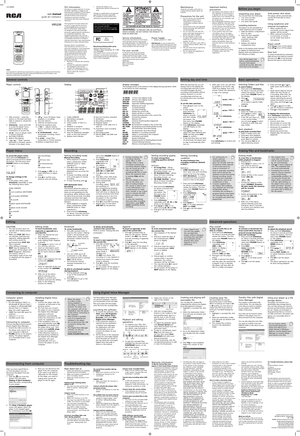 RCA VR5220 User Manual | 1 page