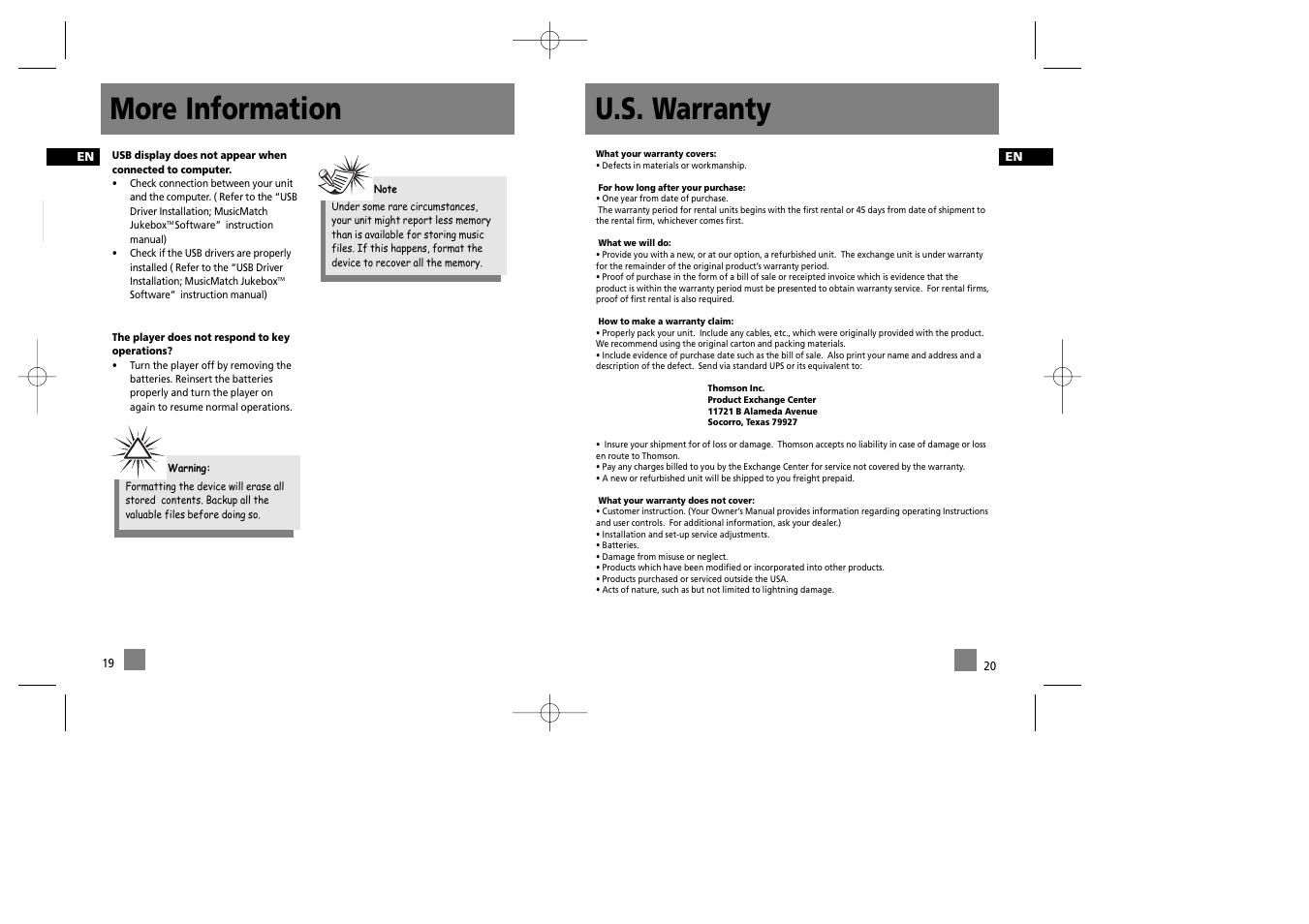 U.s. warranty, More information | RCA RD1072 User Manual | Page 15 / 16