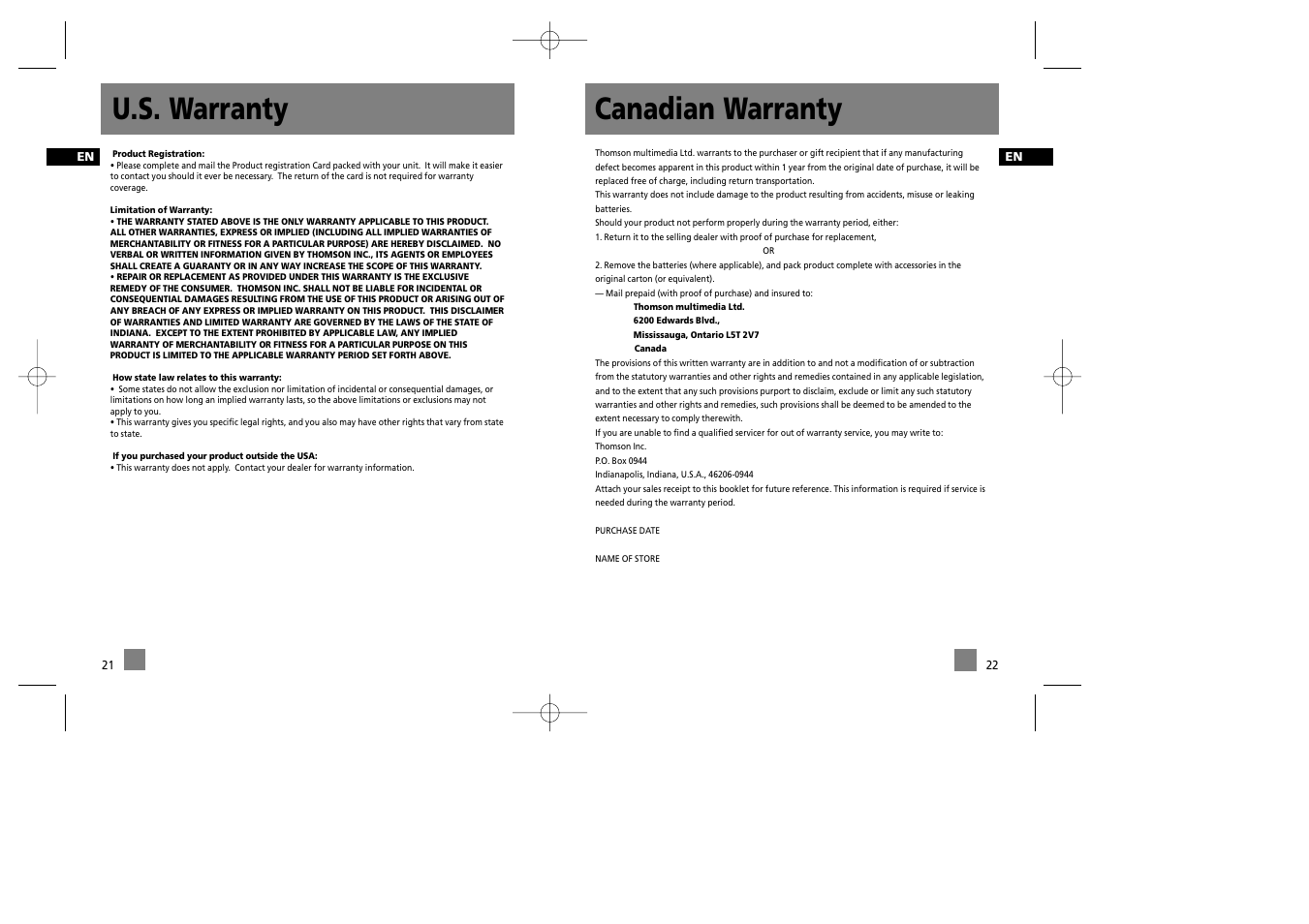 Canadian warranty, U.s. warranty | RCA RD1072 User Manual | Page 16 / 16