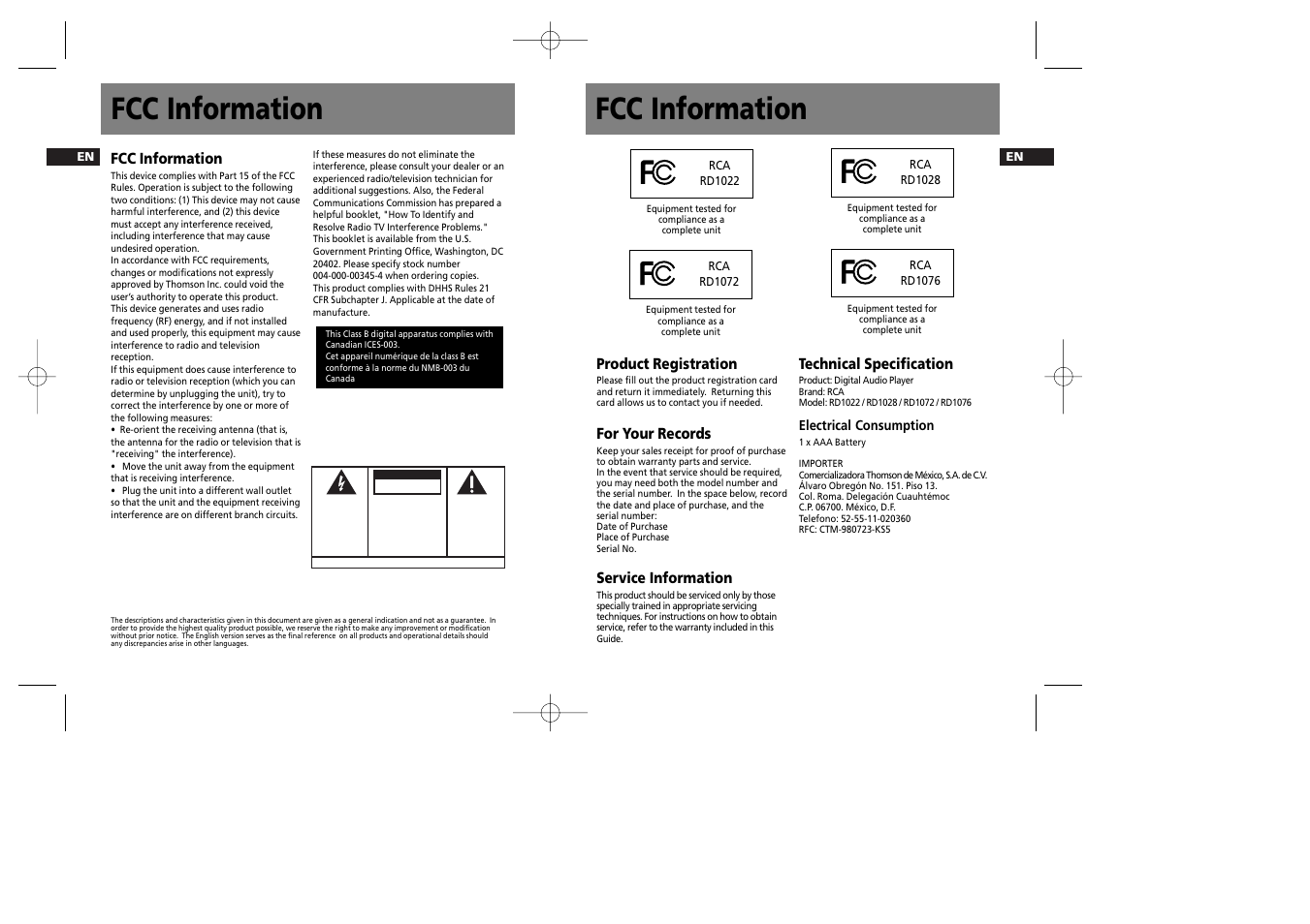 Fcc information | RCA RD1072 User Manual | Page 2 / 16