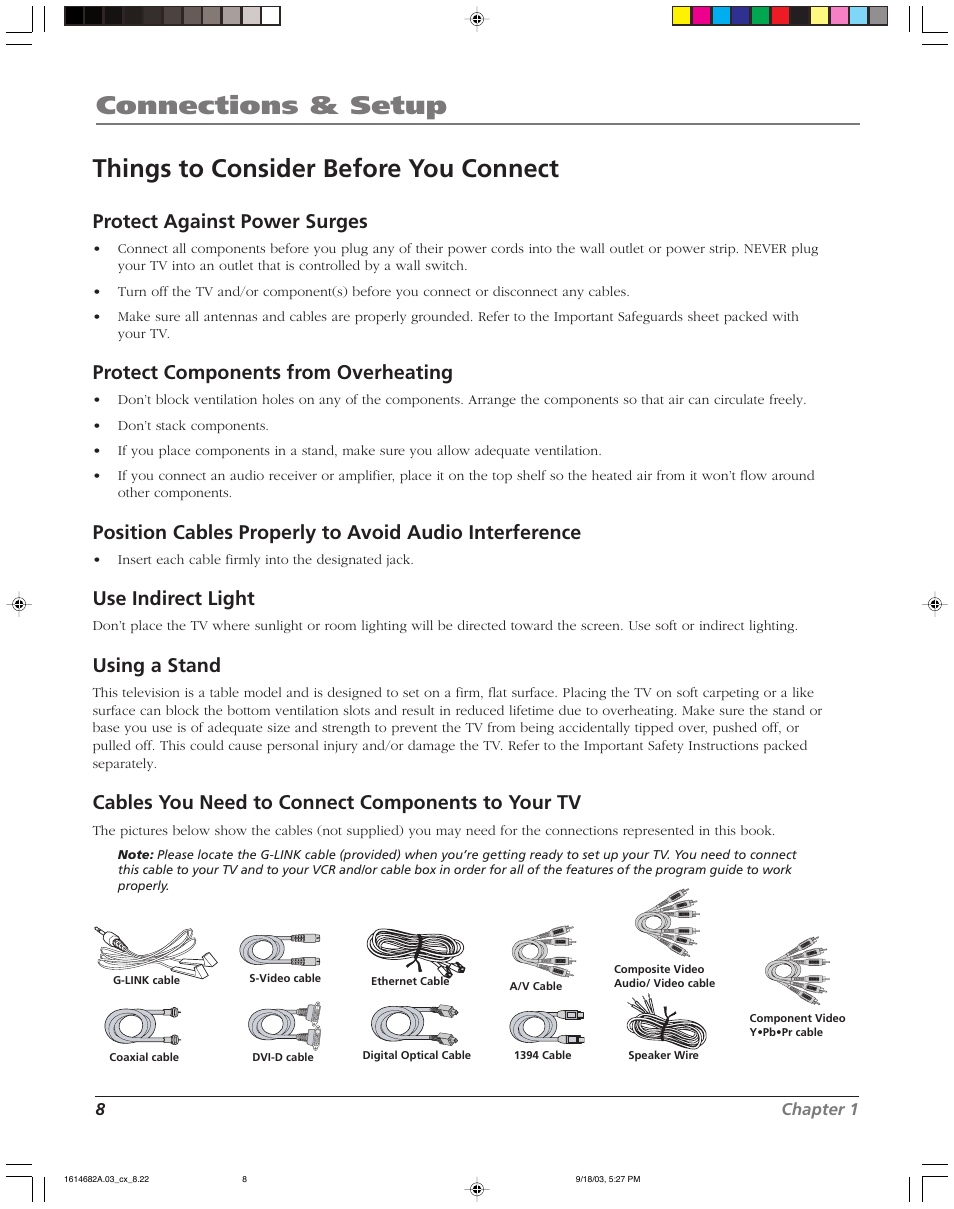 Connections & setup, Things to consider before you connect, Protect against power surges | Protect components from overheating, Use indirect light, Using a stand, Cables you need to connect components to your tv | RCA SCENIUM HDLP50W151 User Manual | Page 10 / 96