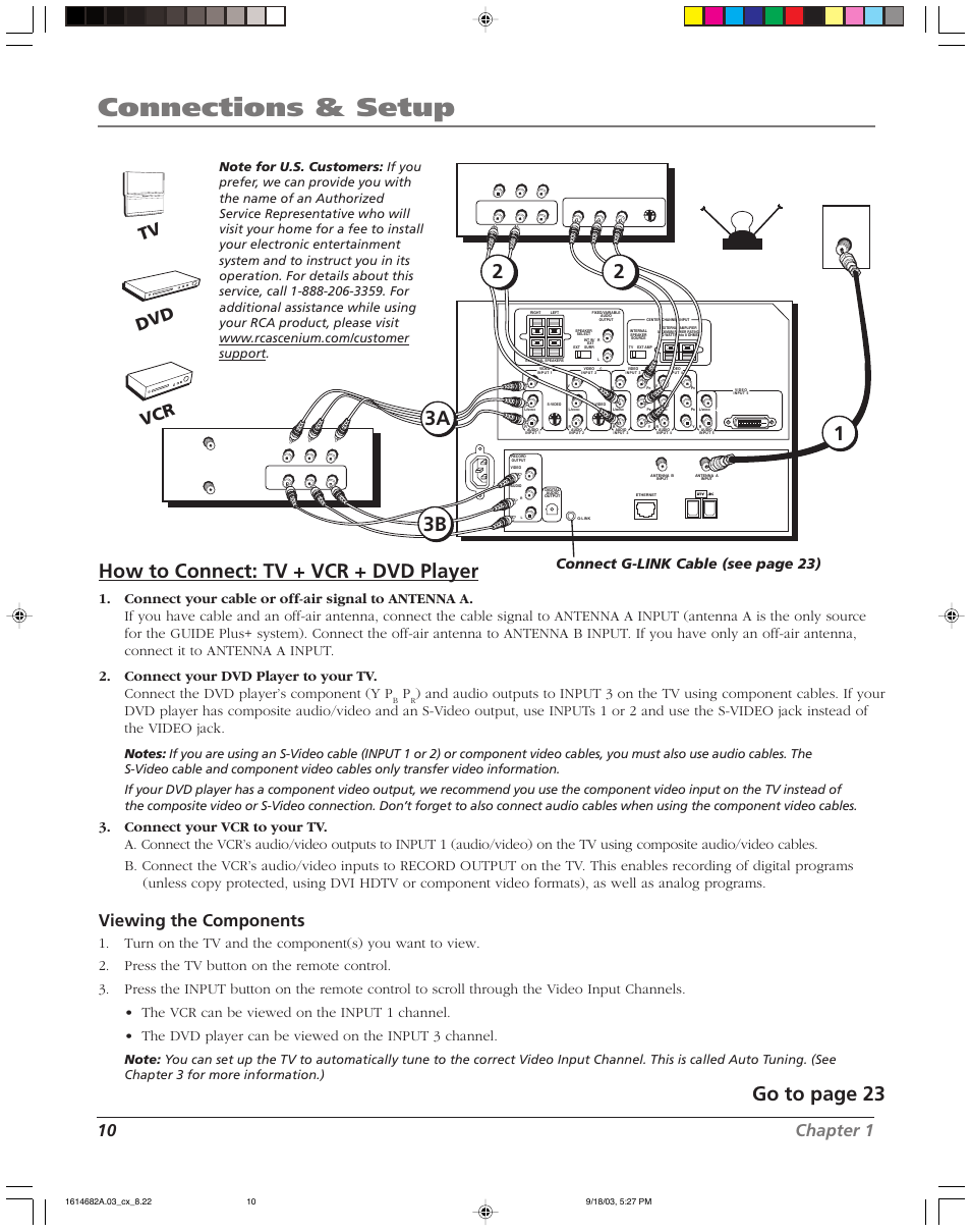 Connections & setup, How to connect: tv + vcr + dvd player, Go to page 23 | 10 chapter 1, Viewing the components, Vcr dvd tv, Connect g-link cable (see page 23), Men u ch ch vo l — vol + powe r | RCA SCENIUM HDLP50W151 User Manual | Page 12 / 96