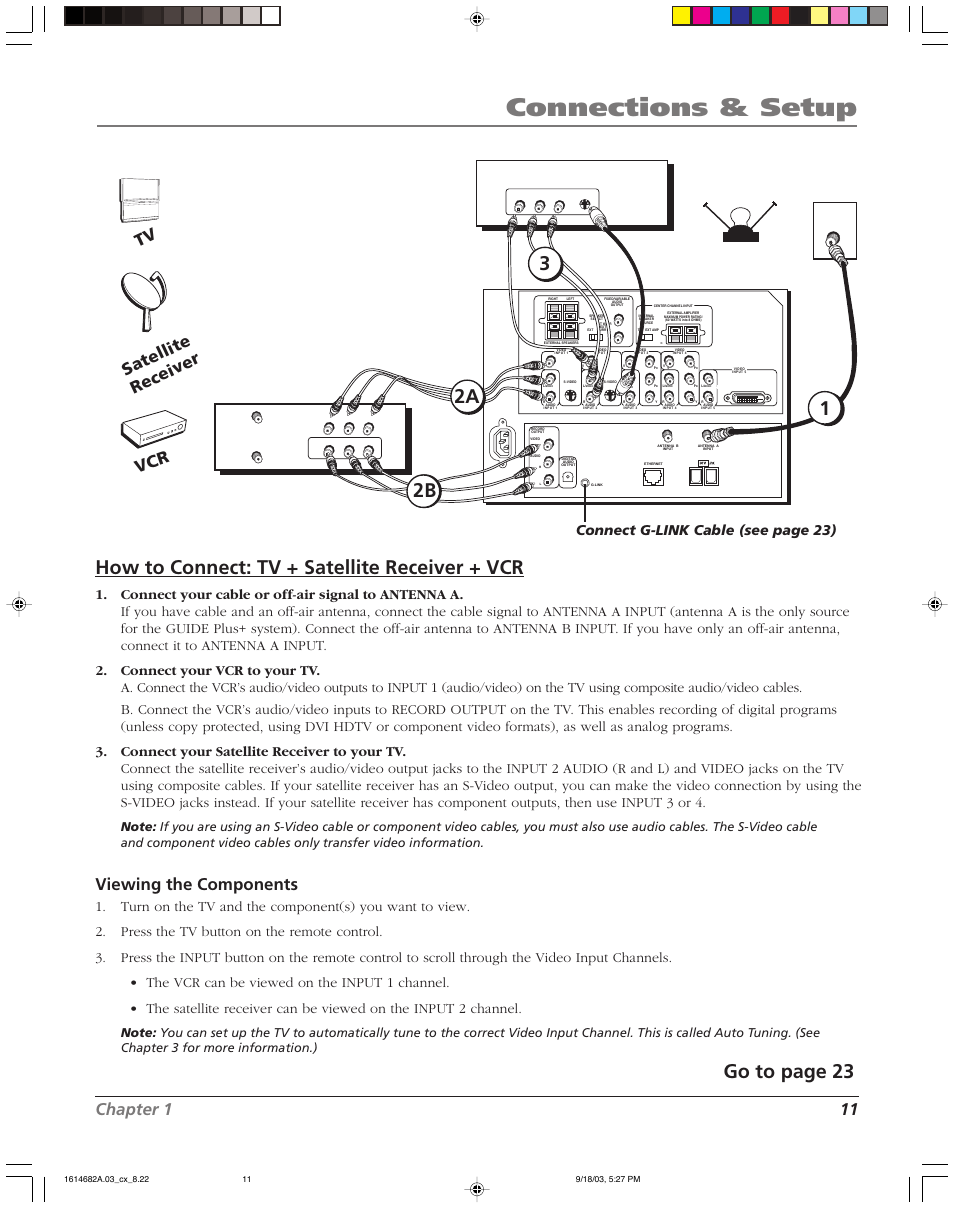 Connections & setup, How to connect: tv + satellite receiver + vcr, Go to page 23 | 12b 3 2a, Chapter 1 11, Viewing the components, Satellite receiver vcr tv, Connect g-link cable (see page 23), Men u ch ch vol — vol + pow er | RCA SCENIUM HDLP50W151 User Manual | Page 13 / 96