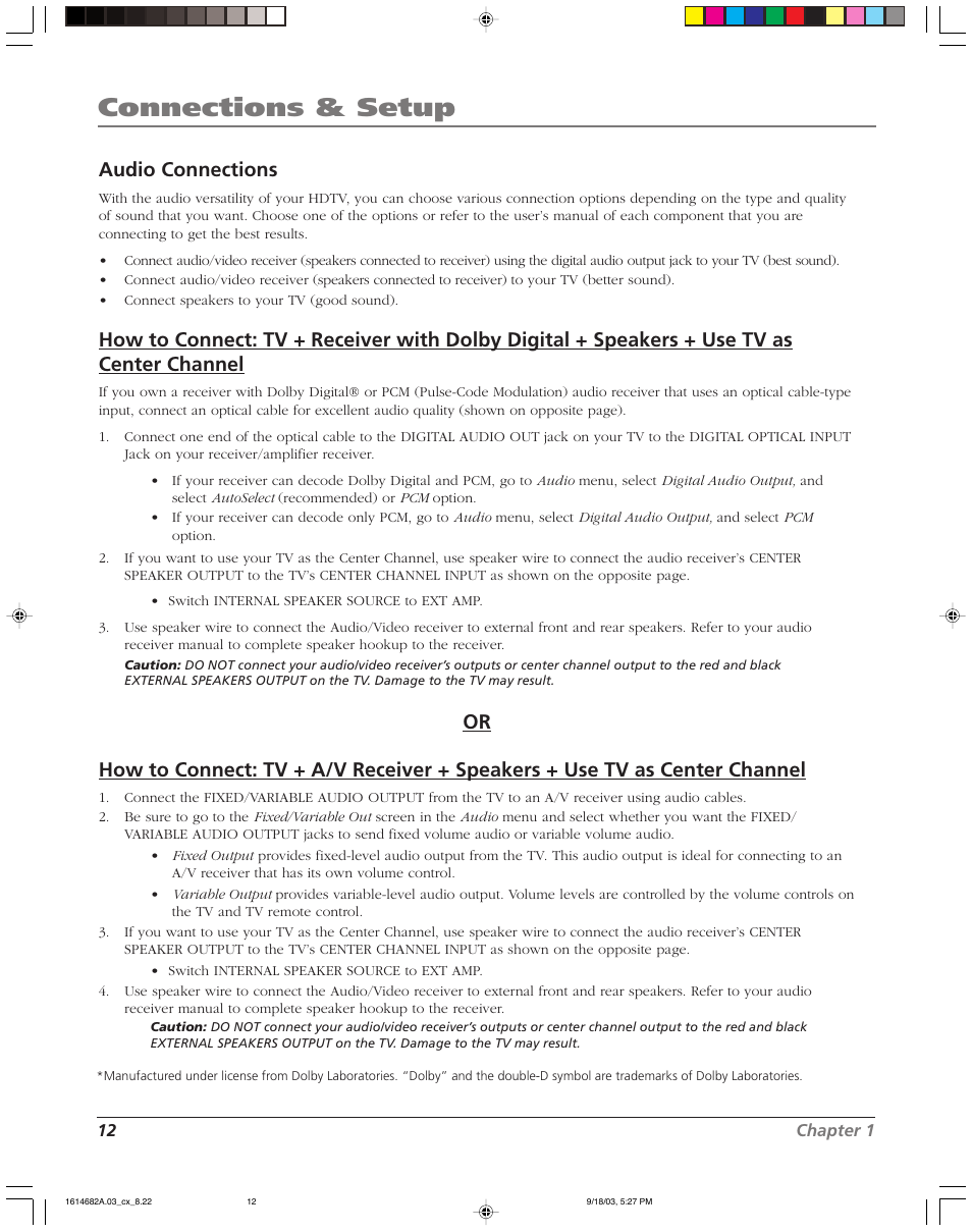 Connections & setup, Audio connections | RCA SCENIUM HDLP50W151 User Manual | Page 14 / 96