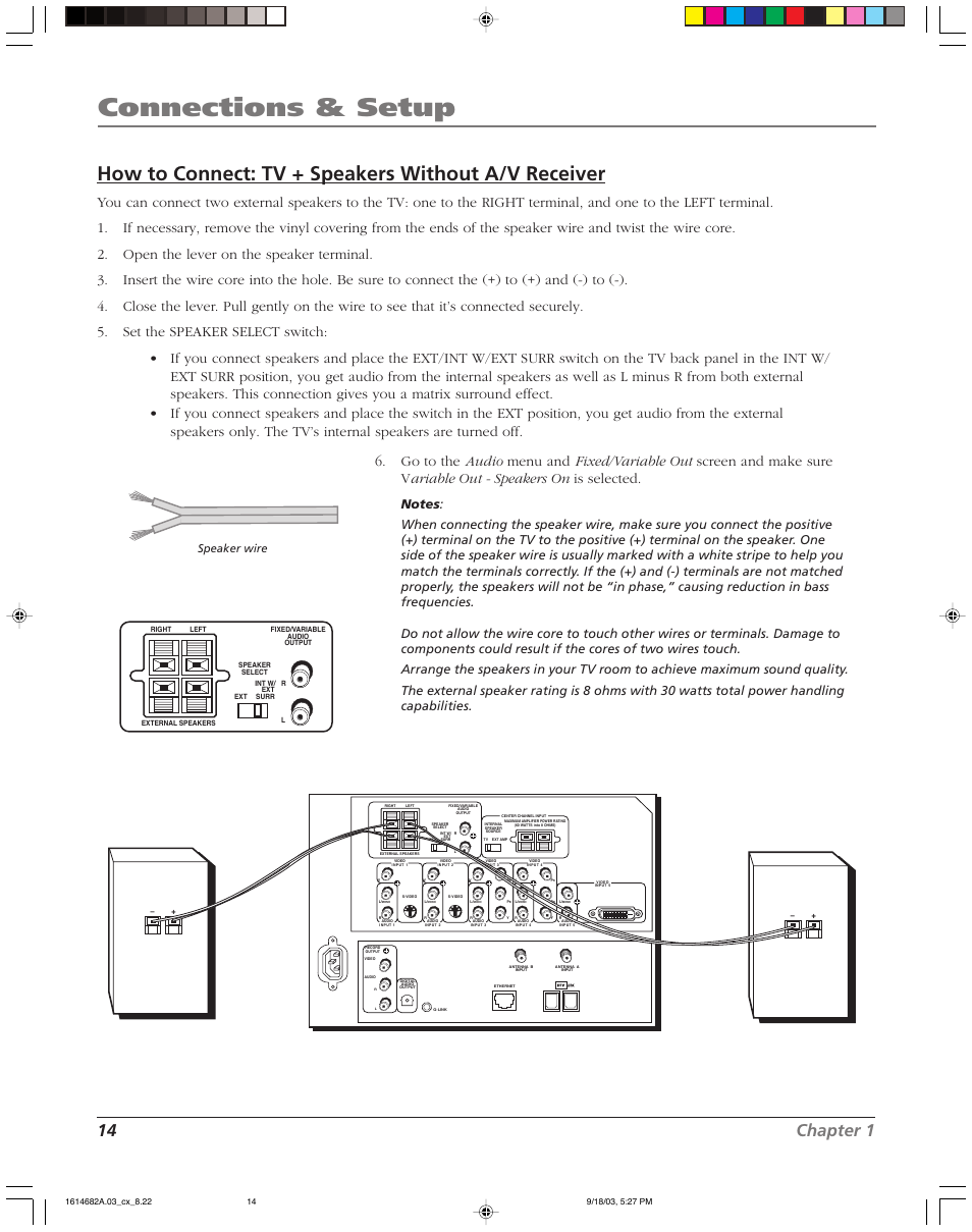 Connections & setup, How to connect: tv + speakers without a/v receiver, 14 chapter 1 | Speaker wire | RCA SCENIUM HDLP50W151 User Manual | Page 16 / 96