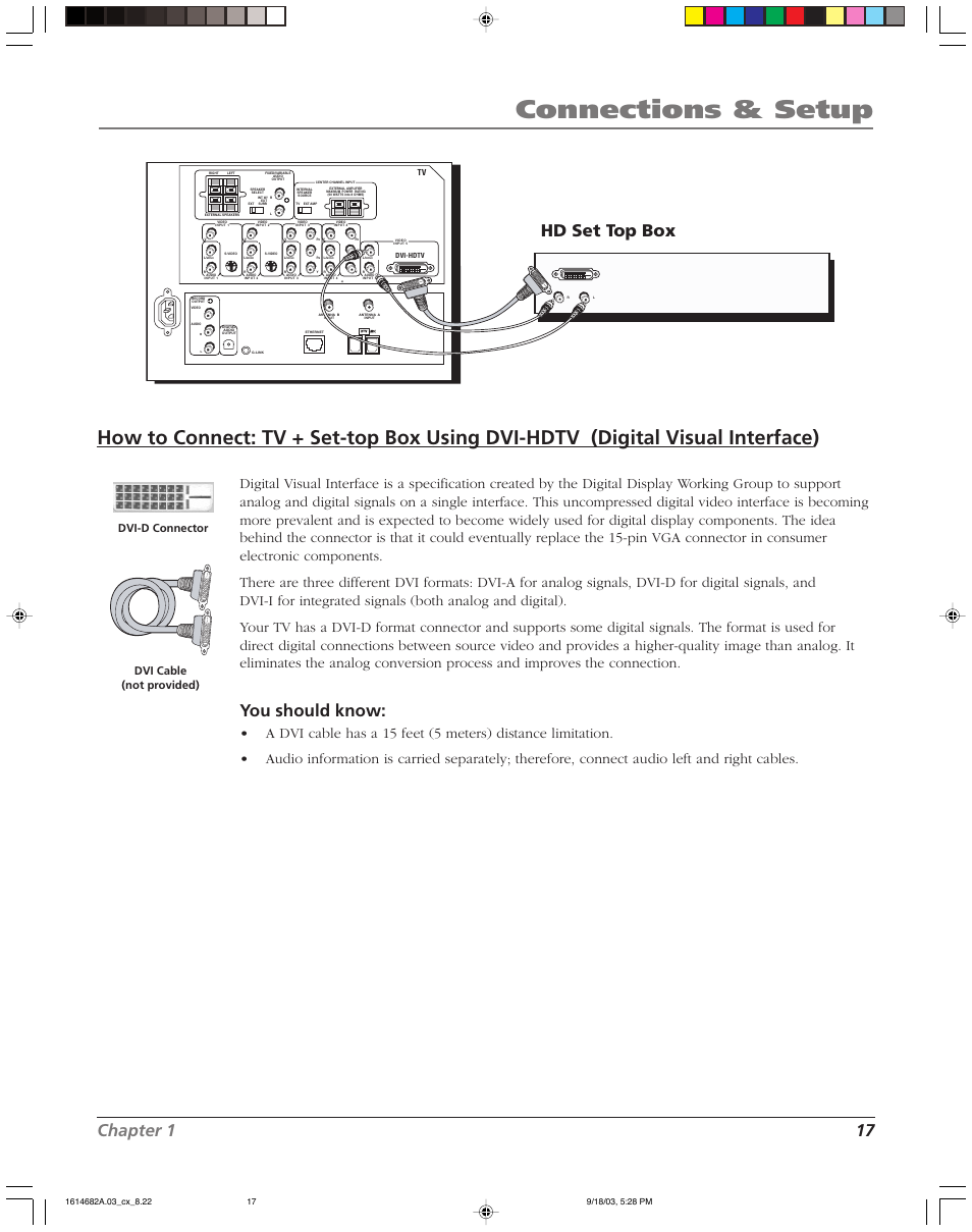 Connections & setup, Chapter 1 17, You should know | Hd set top box, Dvi-d connector dvi cable (not provided) | RCA SCENIUM HDLP50W151 User Manual | Page 19 / 96