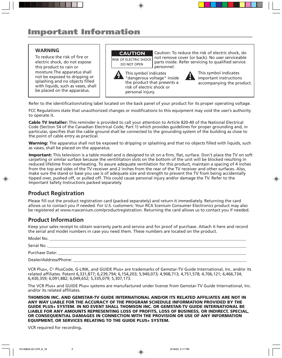 Important information, Product registration, Product information | RCA SCENIUM HDLP50W151 User Manual | Page 2 / 96