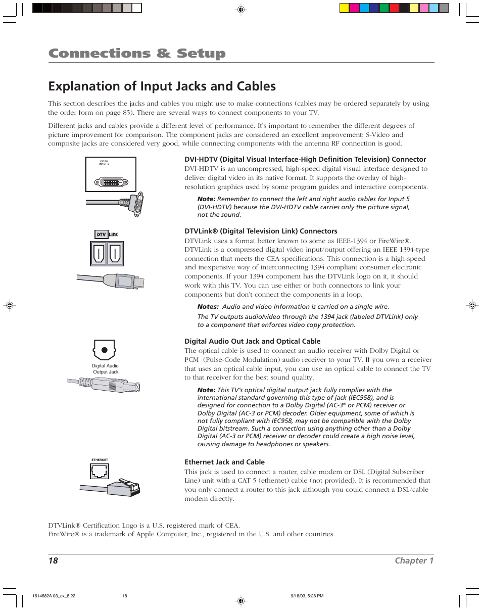 Connections & setup, Explanation of input jacks and cables, 18 chapter 1 | RCA SCENIUM HDLP50W151 User Manual | Page 20 / 96