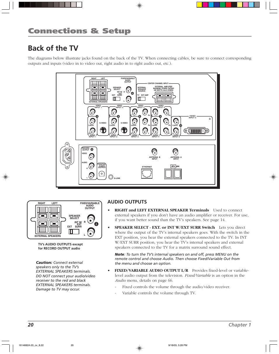 Connections & setup, Back of the tv, 20 chapter 1 | Audio outputs, Dvi-hdtv | RCA SCENIUM HDLP50W151 User Manual | Page 22 / 96