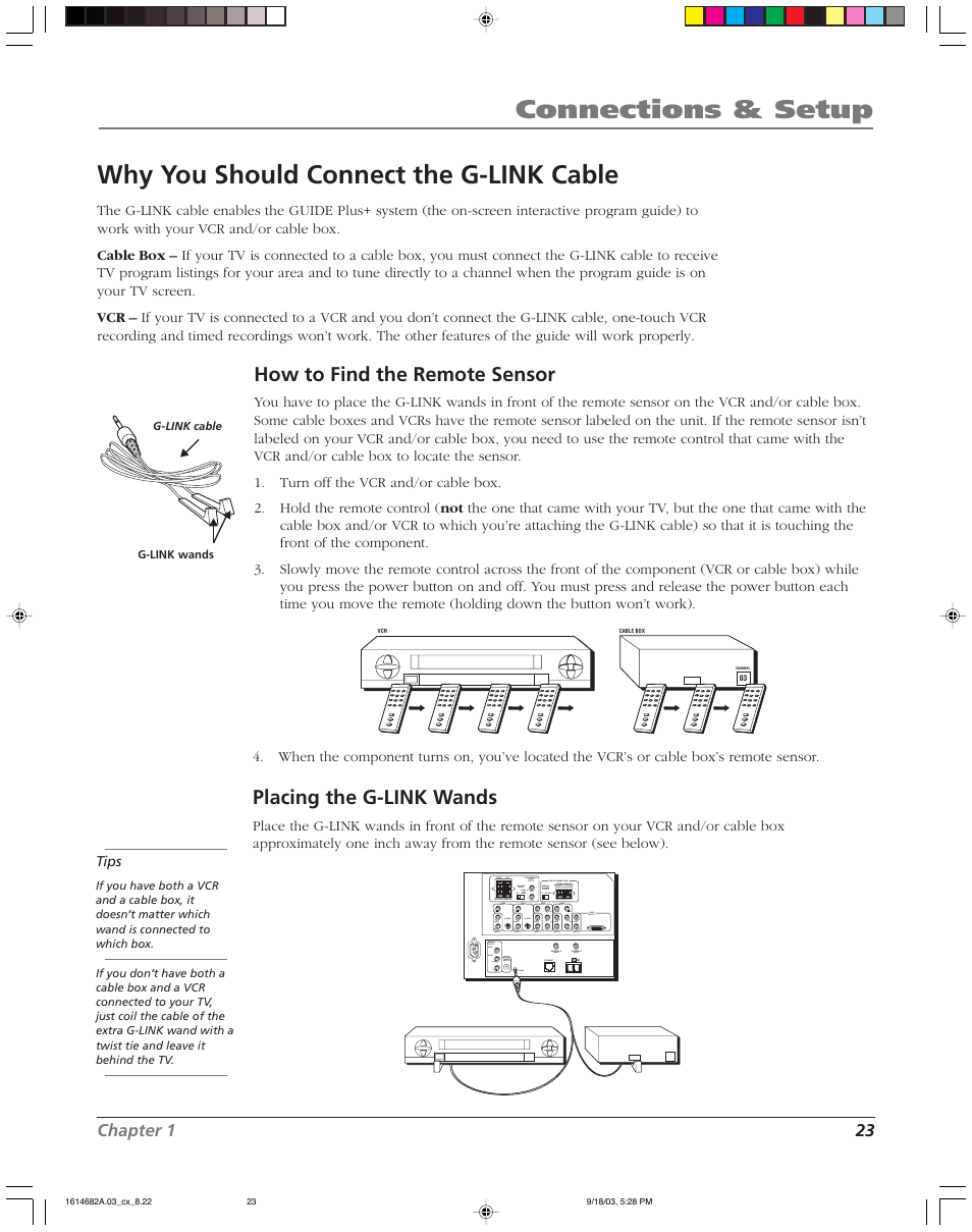 Connections & setup, Why you should connect the g-link cable, Placing the g-link wands | How to find the remote sensor | RCA SCENIUM HDLP50W151 User Manual | Page 25 / 96