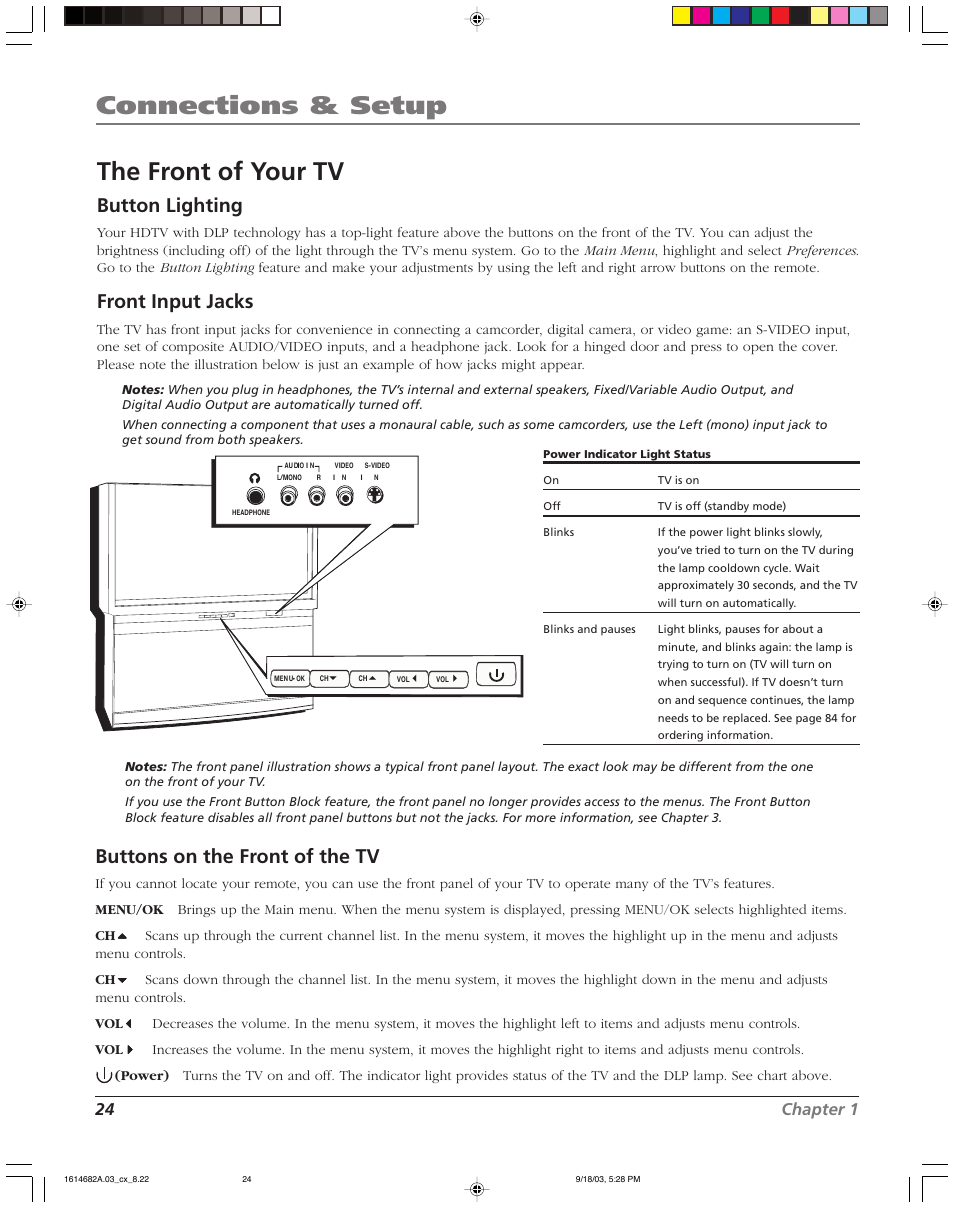 Connections & setup, The front of your tv, Button lighting | Front input jacks, Buttons on the front of the tv, 24 chapter 1 | RCA SCENIUM HDLP50W151 User Manual | Page 26 / 96