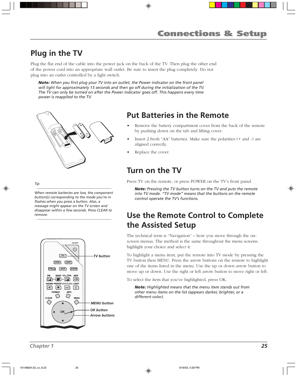 Connections & setup, Plug in the tv, Put batteries in the remote | Turn on the tv, Chapter 1 25 | RCA SCENIUM HDLP50W151 User Manual | Page 27 / 96