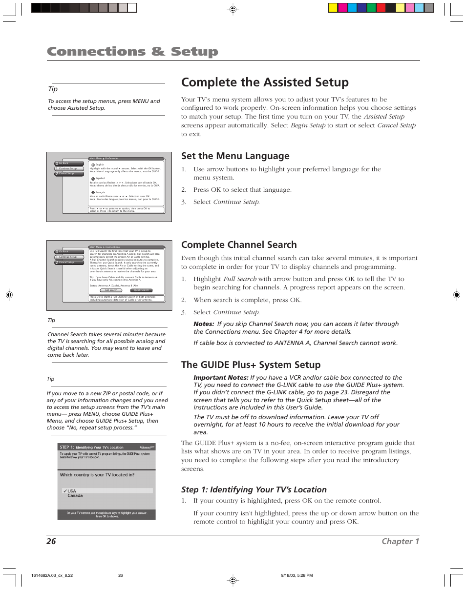 Connections & setup, Complete the assisted setup, Set the menu language | Complete channel search, The guide plus+ system setup, 26 chapter 1, Step 1: identifying your tv’s location | RCA SCENIUM HDLP50W151 User Manual | Page 28 / 96