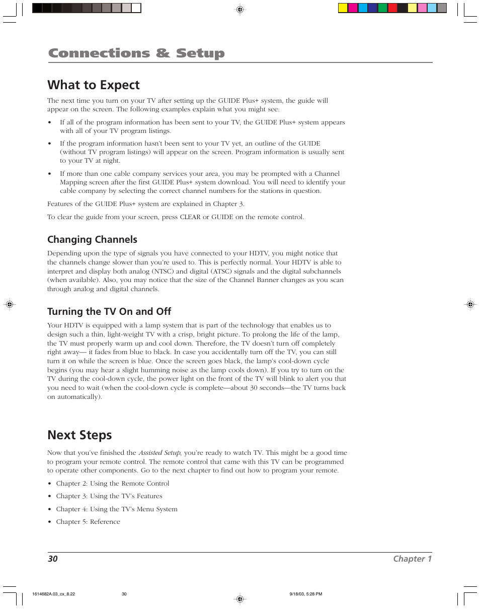 Connections & setup, What to expect, Next steps | Changing channels, Turning the tv on and off | RCA SCENIUM HDLP50W151 User Manual | Page 32 / 96