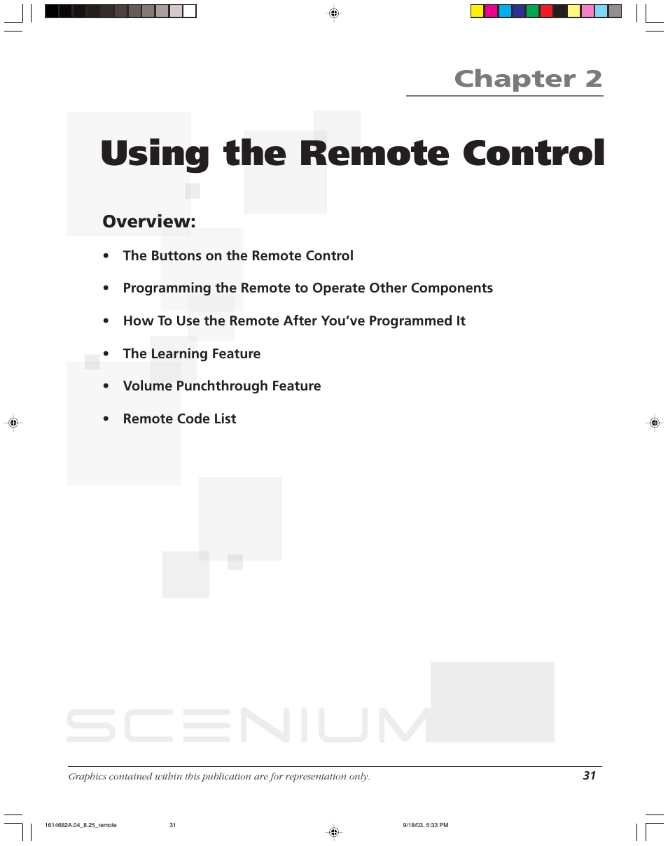 Using the remote control, Chapter 2, Overview | RCA SCENIUM HDLP50W151 User Manual | Page 33 / 96