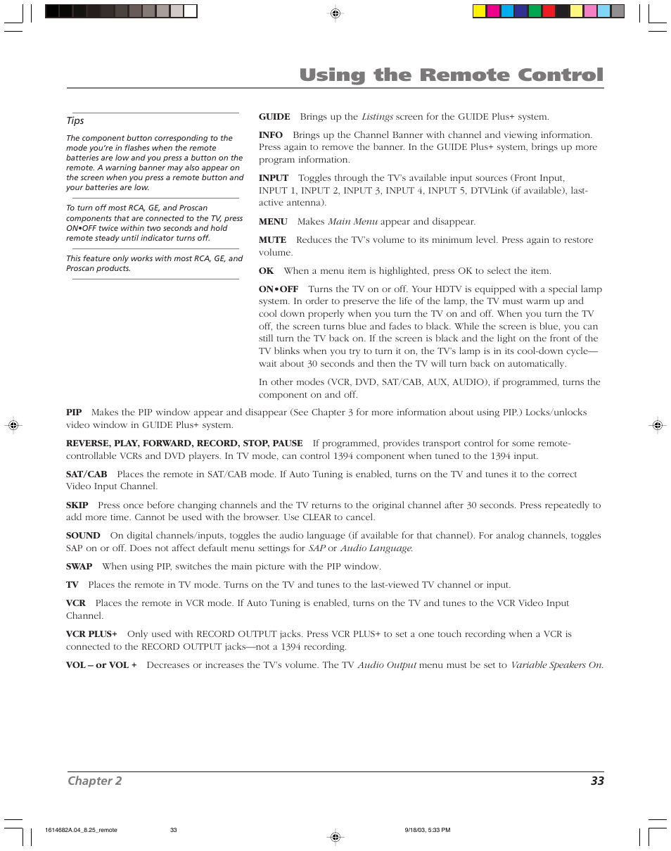 Using the remote control | RCA SCENIUM HDLP50W151 User Manual | Page 35 / 96