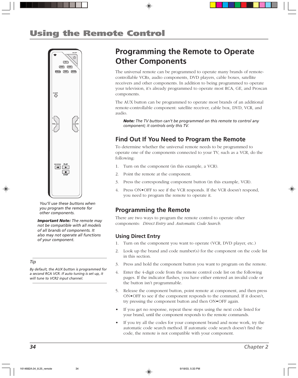 Using the remote control, Programming the remote to operate other components, Find out if you need to program the remote | Programming the remote, 34 chapter 2, Using direct entry | RCA SCENIUM HDLP50W151 User Manual | Page 36 / 96