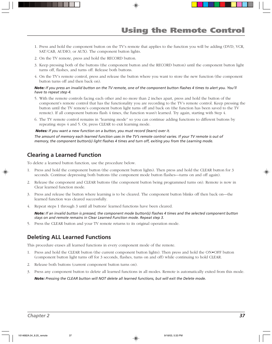 Using the remote control, Clearing a learned function, Deleting all learned functions | RCA SCENIUM HDLP50W151 User Manual | Page 39 / 96