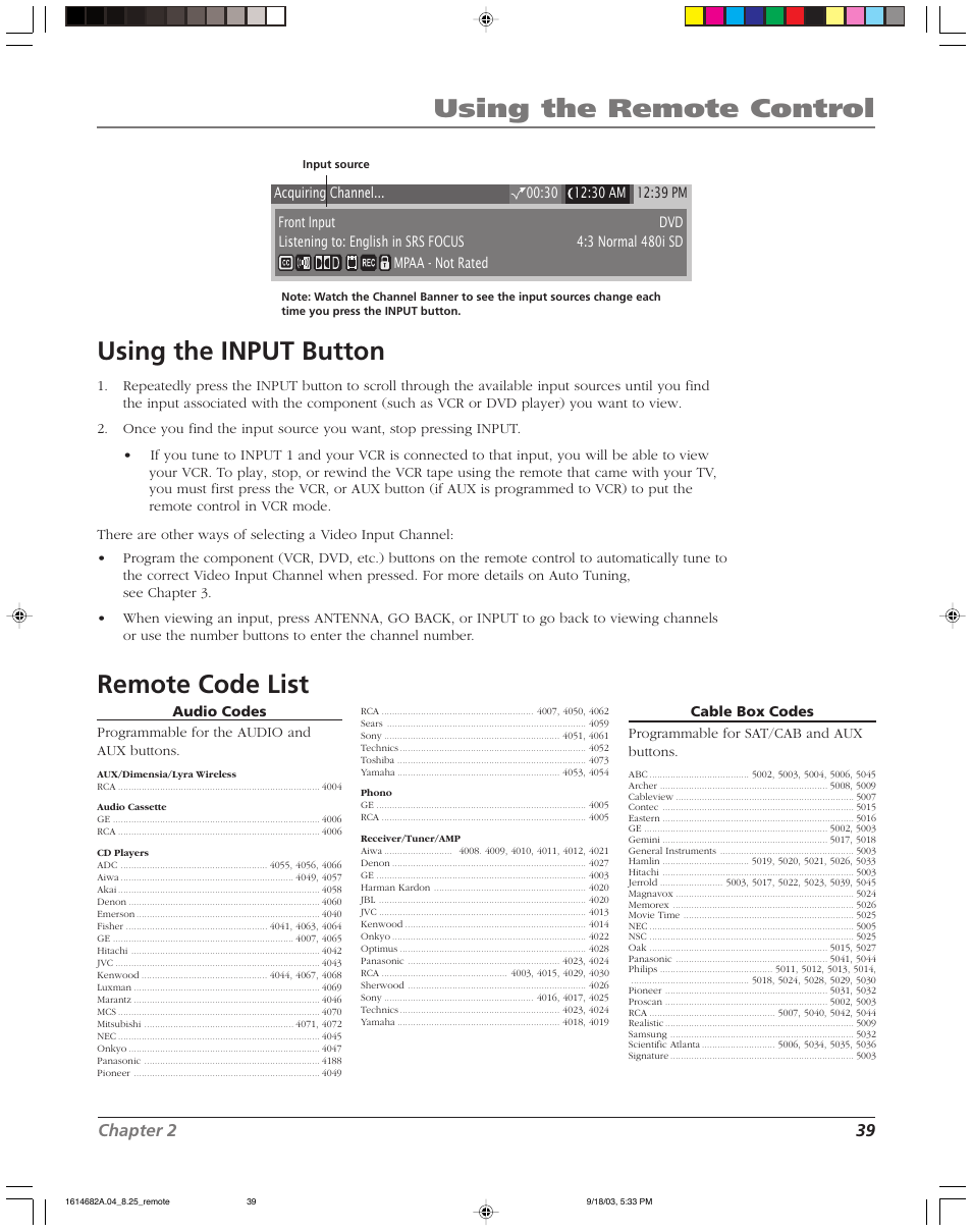 Using the remote control using the input button, Remote code list | RCA SCENIUM HDLP50W151 User Manual | Page 41 / 96