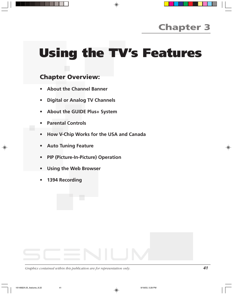 Using the tv’s features, Chapter 3, Chapter overview | RCA SCENIUM HDLP50W151 User Manual | Page 43 / 96