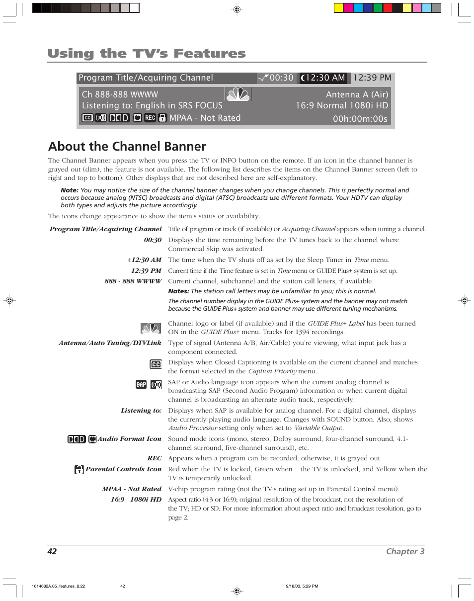 Using the tv’s features, About the channel banner | RCA SCENIUM HDLP50W151 User Manual | Page 44 / 96