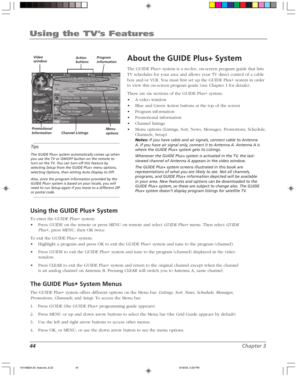 Using the tv’s features, About the guide plus+ system, Using the guide plus+ system | The guide plus+ system menus | RCA SCENIUM HDLP50W151 User Manual | Page 46 / 96