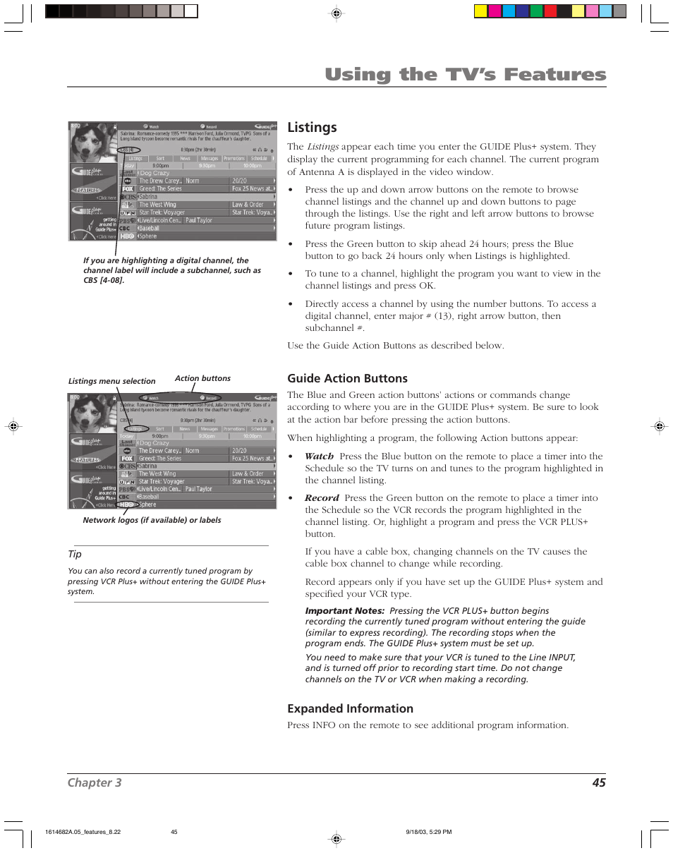 Using the tv’s features, Listings | RCA SCENIUM HDLP50W151 User Manual | Page 47 / 96