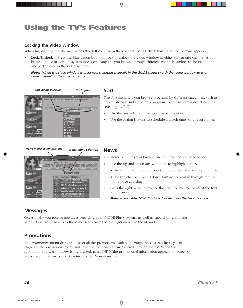 Using the tv’s features, Messages, Promotions | Sort, News | RCA SCENIUM HDLP50W151 User Manual | Page 48 / 96