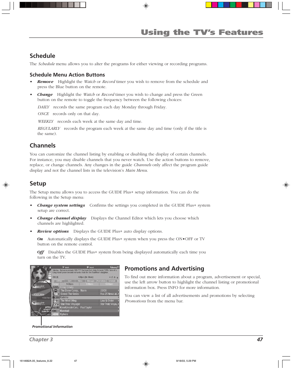 Using the tv’s features, Schedule, Channels | Setup, Promotions and advertising | RCA SCENIUM HDLP50W151 User Manual | Page 49 / 96