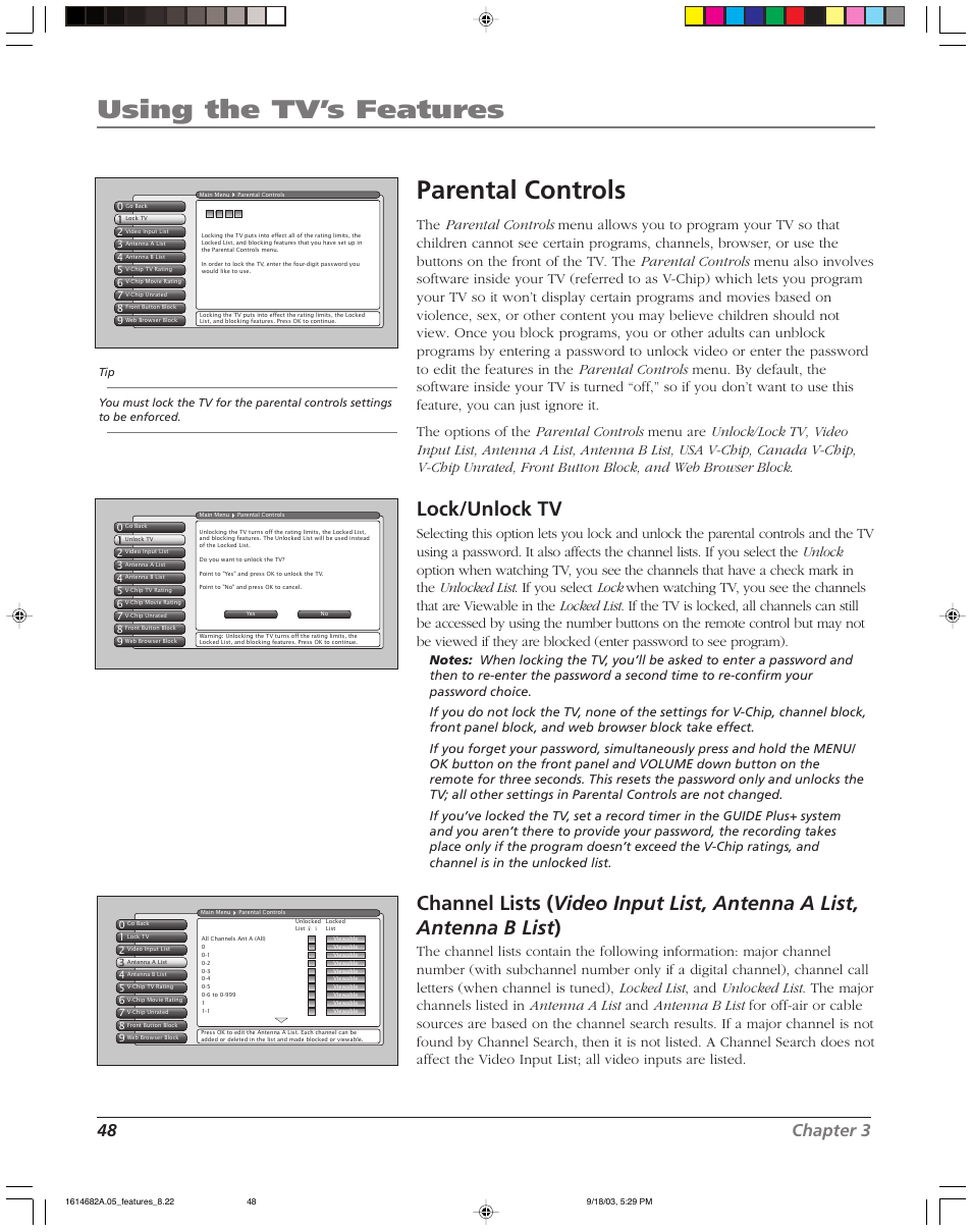 Using the tv’s features, Parental controls, Lock/unlock tv | 48 chapter 3 | RCA SCENIUM HDLP50W151 User Manual | Page 50 / 96