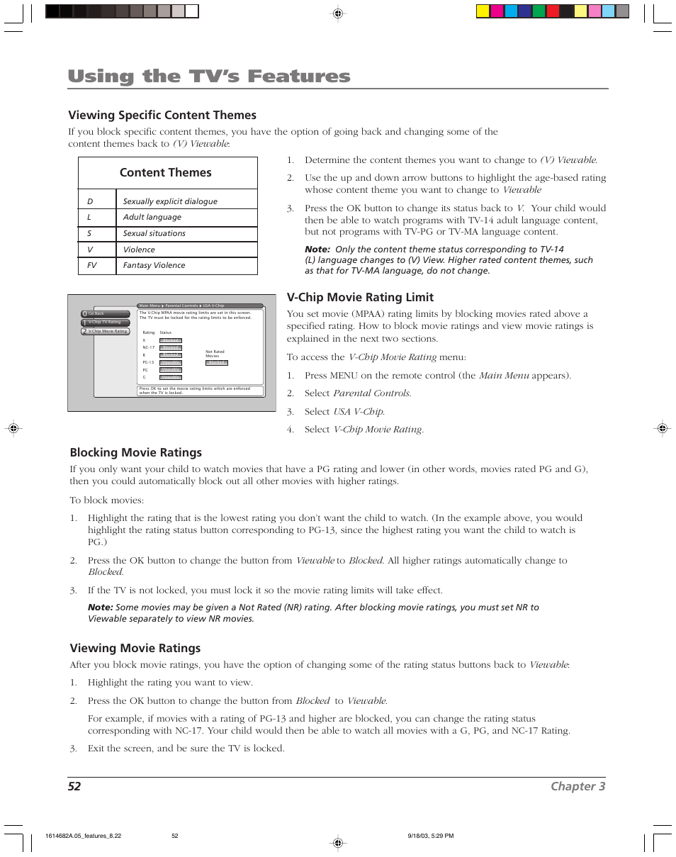 Using the tv’s features, 52 chapter 3 viewing specific content themes, Content themes | V-chip movie rating limit, Blocking movie ratings, Viewing movie ratings | RCA SCENIUM HDLP50W151 User Manual | Page 54 / 96