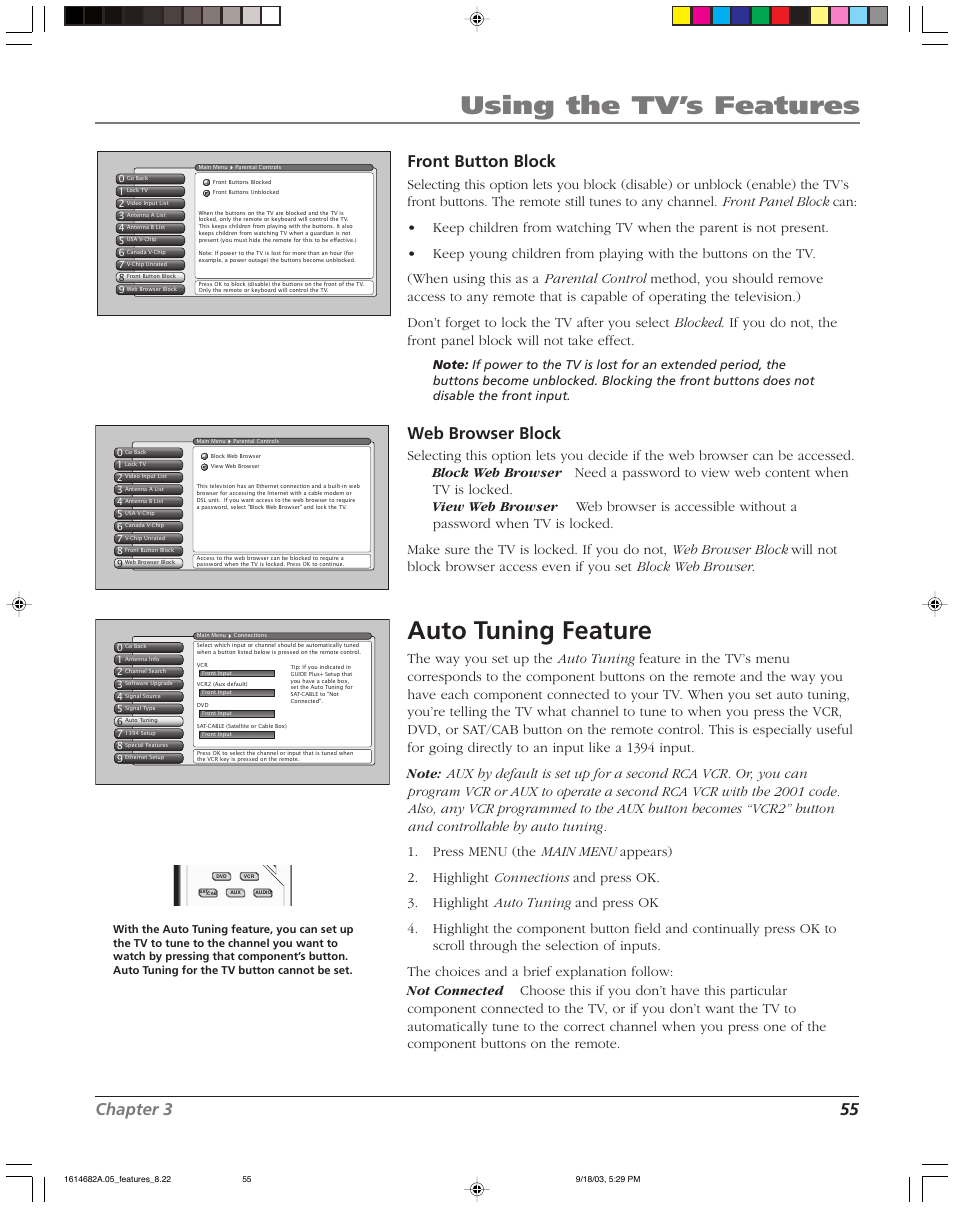 Using the tv’s features, Auto tuning feature, Chapter 3 55 front button block | Web browser block | RCA SCENIUM HDLP50W151 User Manual | Page 57 / 96