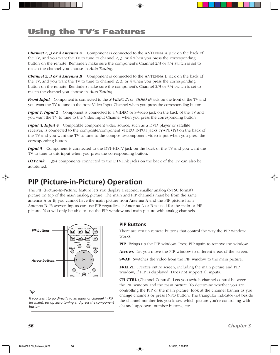 Using the tv’s features, Pip (picture-in-picture) operation, 56 chapter 3 | Pip buttons | RCA SCENIUM HDLP50W151 User Manual | Page 58 / 96