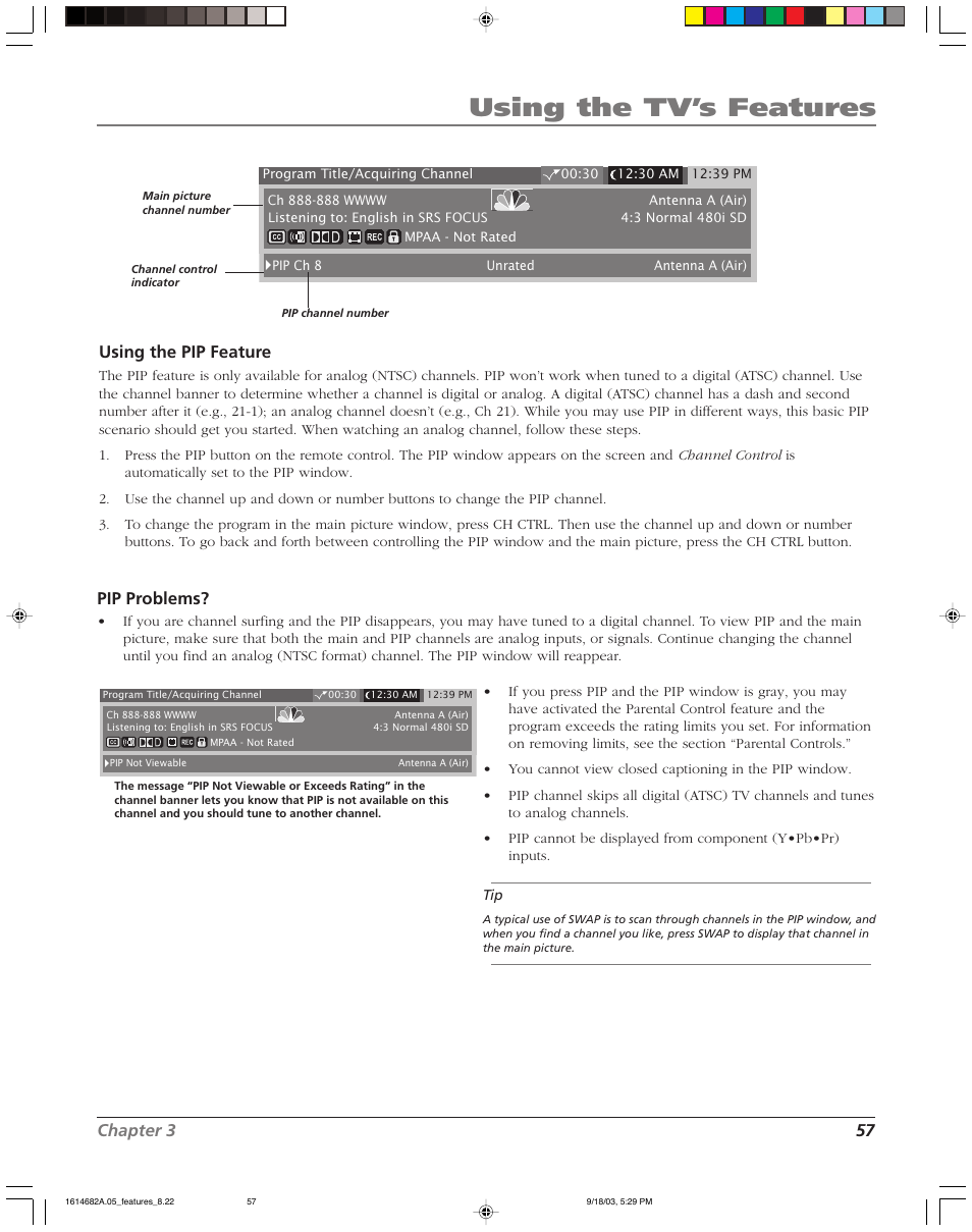 Using the tv’s features, Chapter 3 57, Using the pip feature | Pip problems | RCA SCENIUM HDLP50W151 User Manual | Page 59 / 96