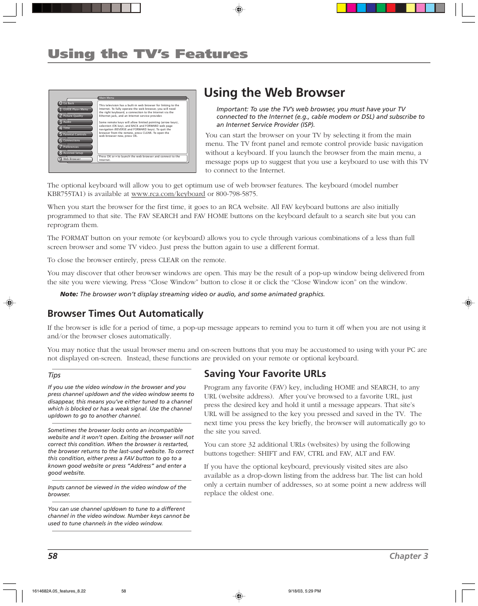 Using the tv’s features, Using the web browser, Browser times out automatically | Saving your favorite urls, 58 chapter 3, Tips | RCA SCENIUM HDLP50W151 User Manual | Page 60 / 96