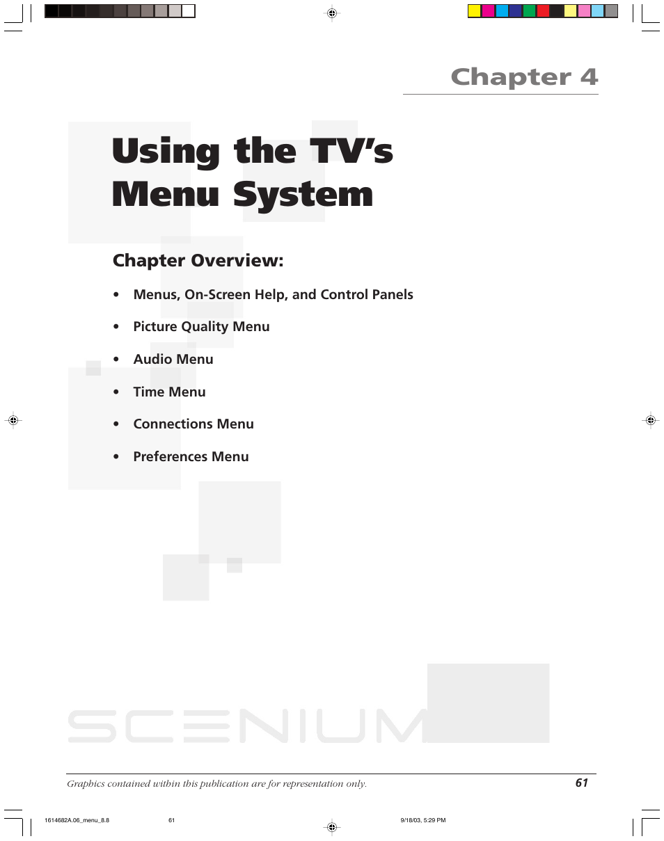 Using the tv’s menu system, Chapter 4, Chapter overview | RCA SCENIUM HDLP50W151 User Manual | Page 63 / 96