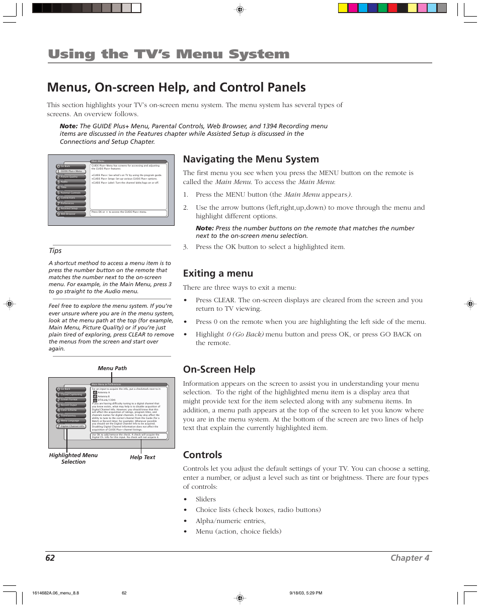 Using the tv’s menu system, Menus, on-screen help, and control panels, Navigating the menu system | Exiting a menu, On-screen help, Controls, 62 chapter 4, Tips, Press the ok button to select a highlighted item | RCA SCENIUM HDLP50W151 User Manual | Page 64 / 96