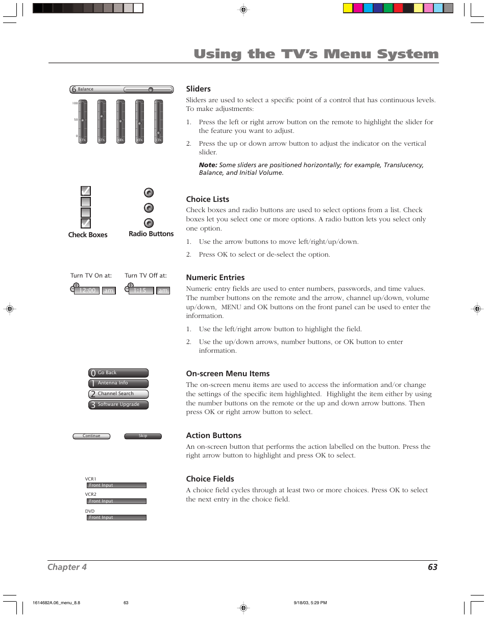 Using the tv’s menu system, Chapter 4 63, Sliders | Choice lists, Numeric entries, On-screen menu items, Action buttons, Choice fields | RCA SCENIUM HDLP50W151 User Manual | Page 65 / 96