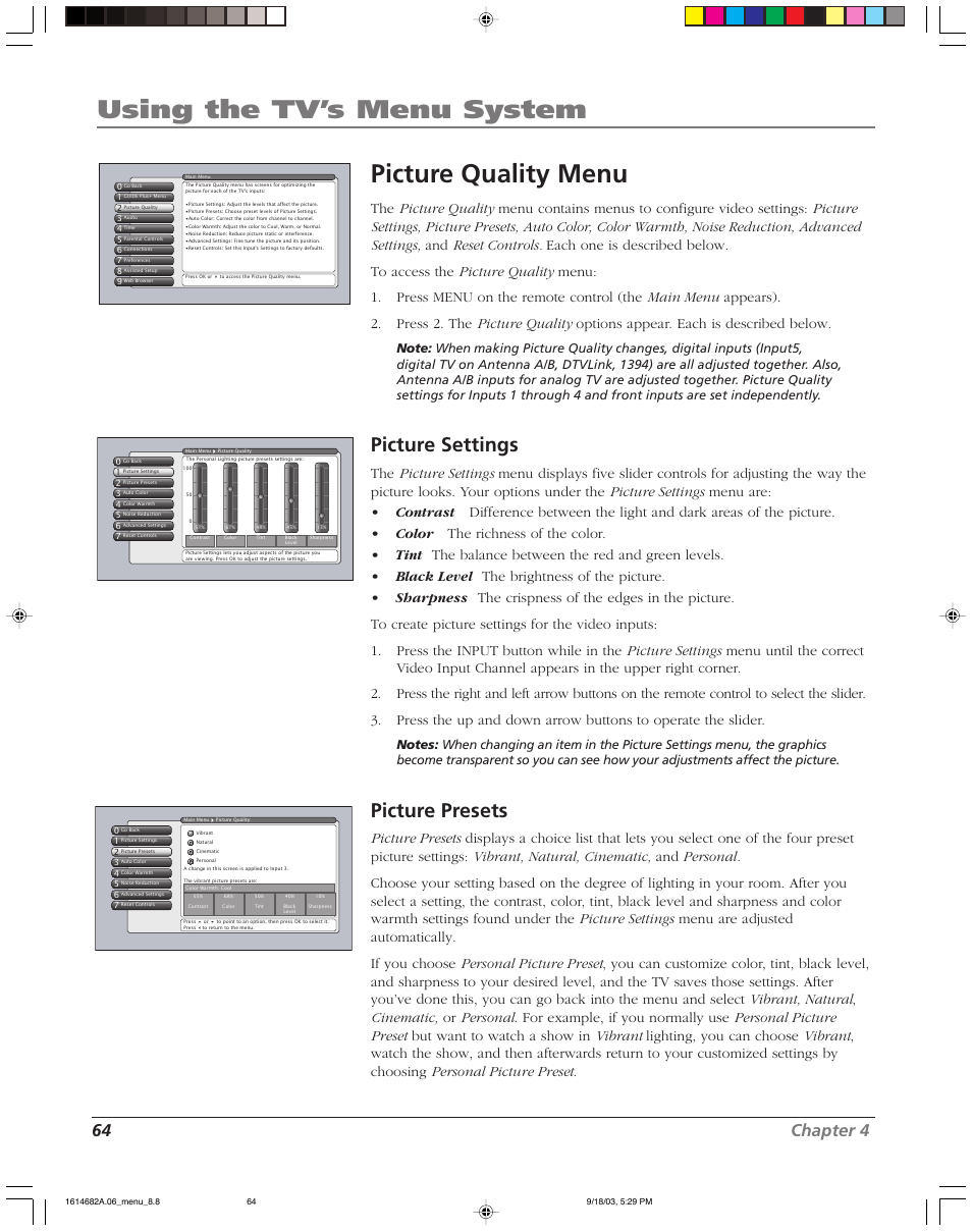 Using the tv’s menu system picture quality menu, Picture settings, Picture presets | 64 chapter 4 | RCA SCENIUM HDLP50W151 User Manual | Page 66 / 96