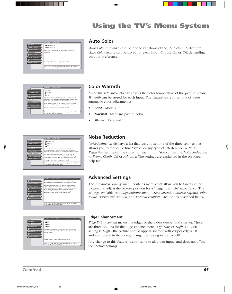 Using the tv’s menu system, Auto color, Color warmth | Noise reduction, Advanced settings, Chapter 4 65, Edge enhancement | RCA SCENIUM HDLP50W151 User Manual | Page 67 / 96