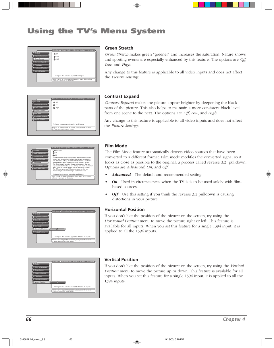 Using the tv’s menu system, 66 chapter 4, Green stretch | Contrast expand, Film mode, Horizontal position, Vertical position | RCA SCENIUM HDLP50W151 User Manual | Page 68 / 96