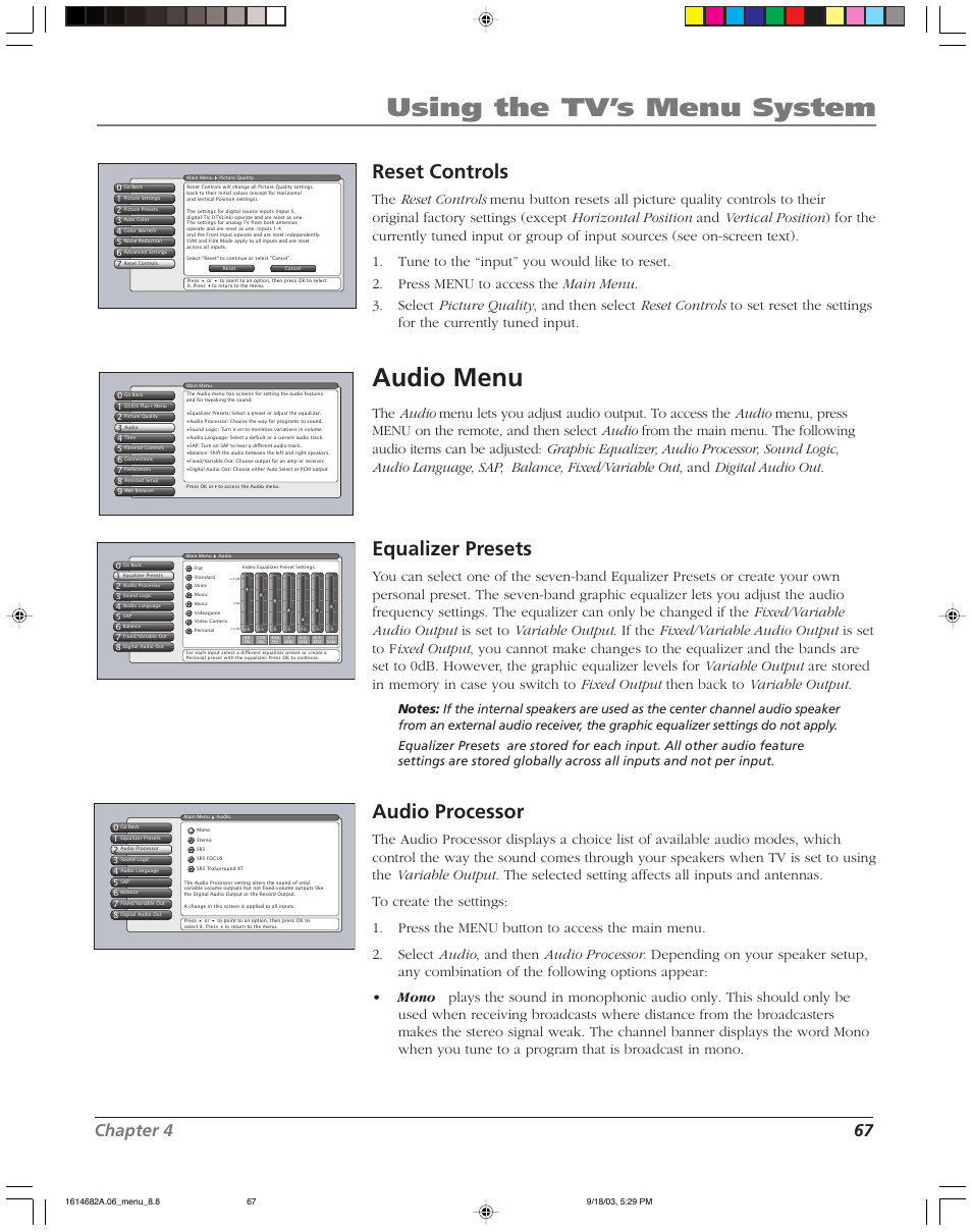 Using the tv’s menu system, Audio menu, Reset controls | Equalizer presets, Audio processor, Chapter 4 67 | RCA SCENIUM HDLP50W151 User Manual | Page 69 / 96