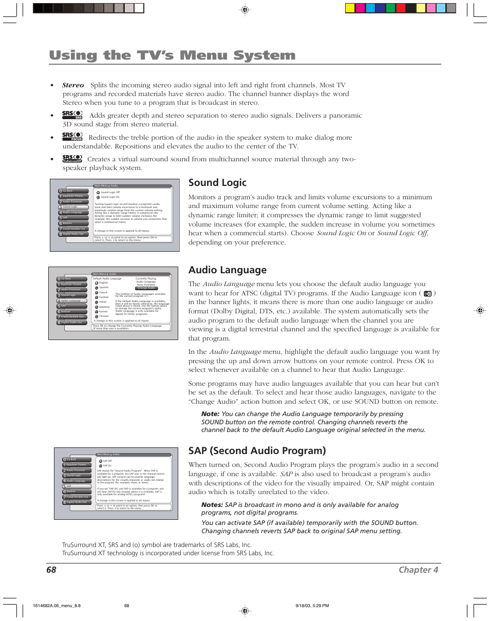 Using the tv’s menu system, Sound logic, Audio language | Sap (second audio program), 68 chapter 4 | RCA SCENIUM HDLP50W151 User Manual | Page 70 / 96