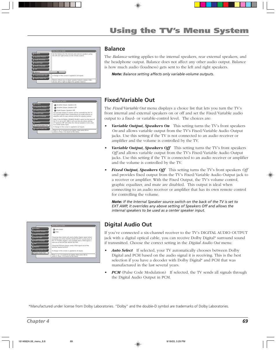 Using the tv’s menu system, Balance, Fixed/variable out | Digital audio out, Chapter 4 69 | RCA SCENIUM HDLP50W151 User Manual | Page 71 / 96