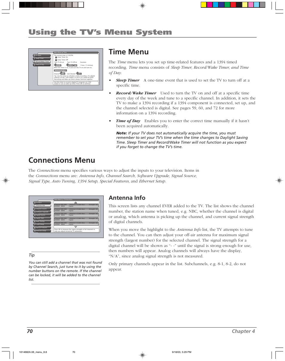 Using the tv’s menu system time menu, Connections menu, Antenna info | 70 chapter 4 | RCA SCENIUM HDLP50W151 User Manual | Page 72 / 96