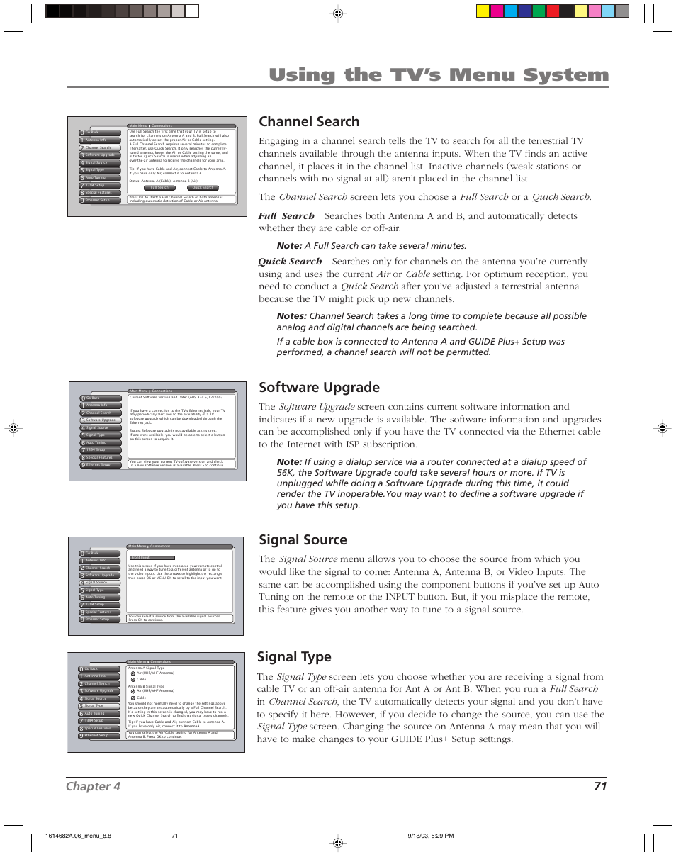 Using the tv’s menu system, Channel search, Software upgrade | Signal source, Signal type, Chapter 4 71 | RCA SCENIUM HDLP50W151 User Manual | Page 73 / 96