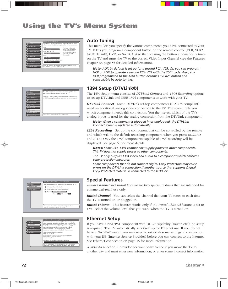 Using the tv’s menu system, Auto tuning, 1394 setup (dtvlink®) | Special features, Ethernet setup, 72 chapter 4 | RCA SCENIUM HDLP50W151 User Manual | Page 74 / 96