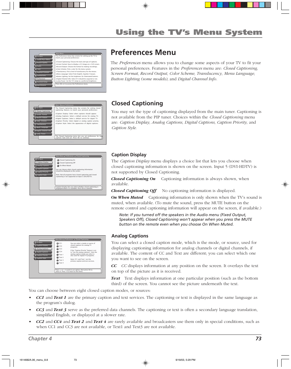 Using the tv’s menu system, Preferences menu, Closed captioning | Chapter 4 73, Caption display, Analog captions | RCA SCENIUM HDLP50W151 User Manual | Page 75 / 96