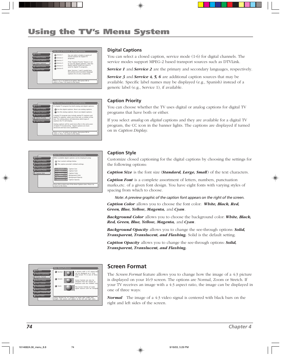 Using the tv’s menu system, Screen format, 74 chapter 4 | Digital captions, Caption priority, Caption style | RCA SCENIUM HDLP50W151 User Manual | Page 76 / 96